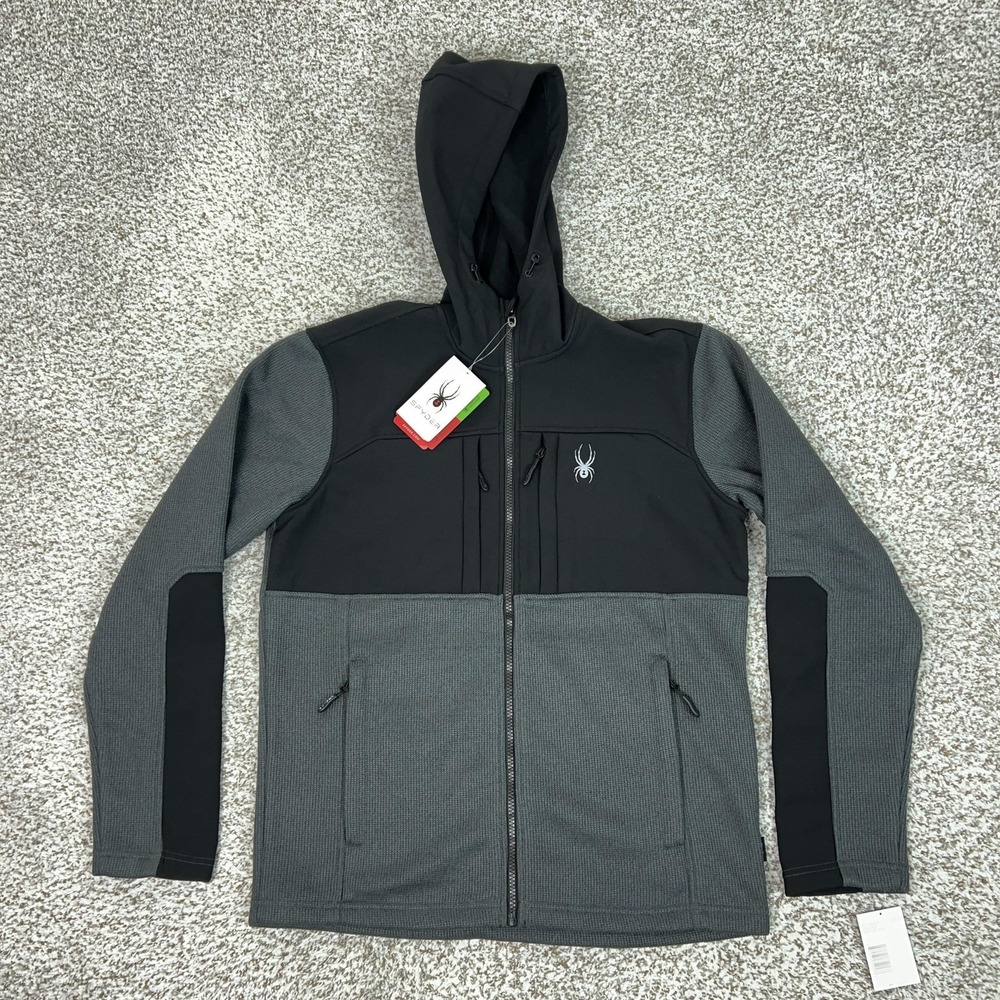 Spyder Jacket Mens Small Gray Black Hooded Full Zip Core Sweater Ski Hiking